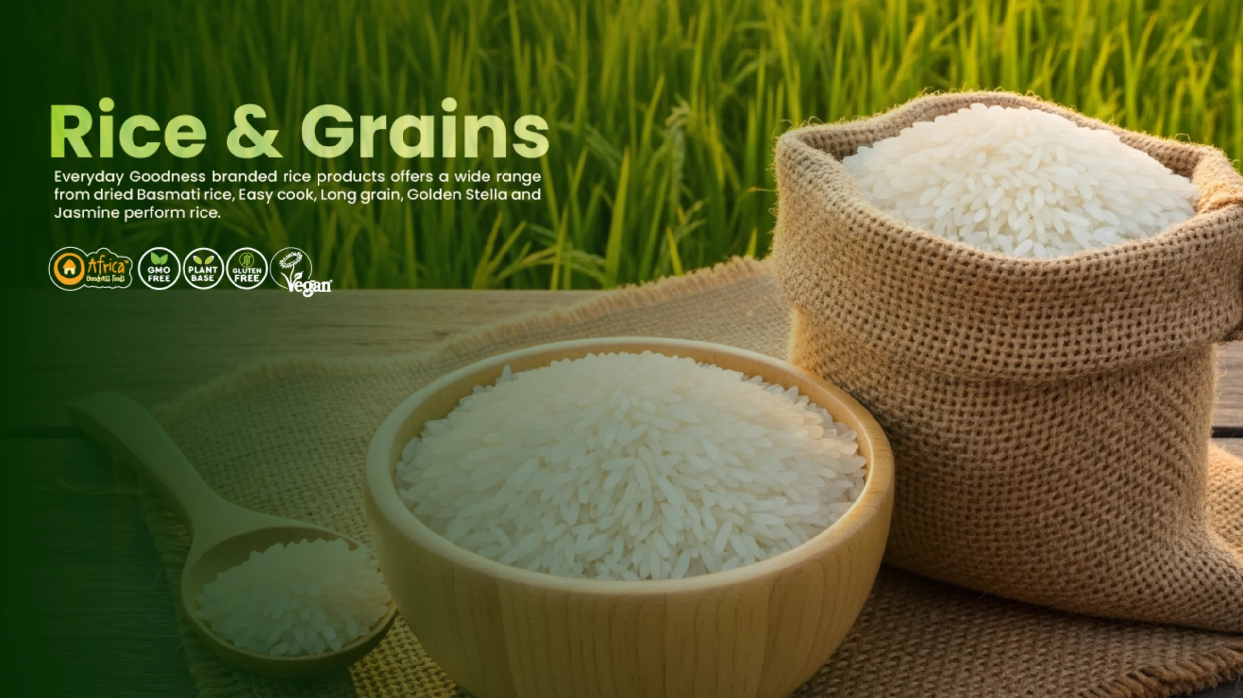 Rice and grains in a wooden bowl and burlap sack